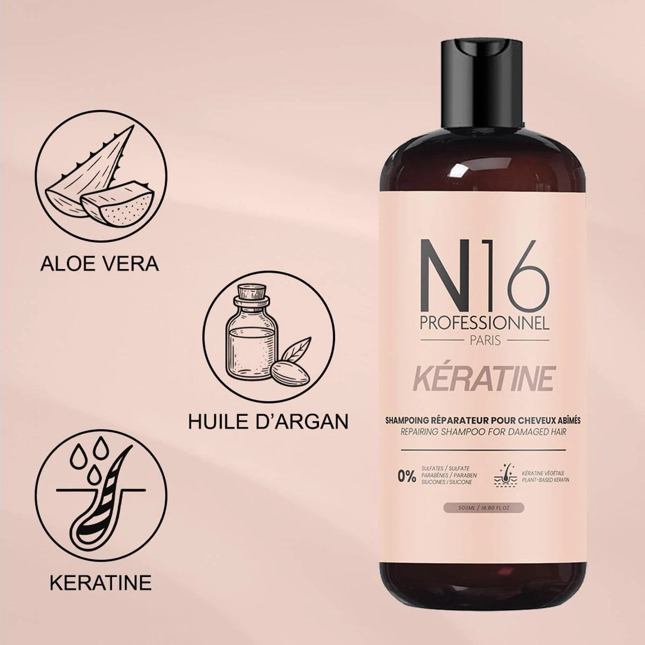 Shampooing Réparateur Kératine Cheveux Abîmés N16 Professionnel 500 Ml 5 Shampooing Réparateur Kératine Cheveux Abîmés N16 Professionnel 500 Ml – Image 3