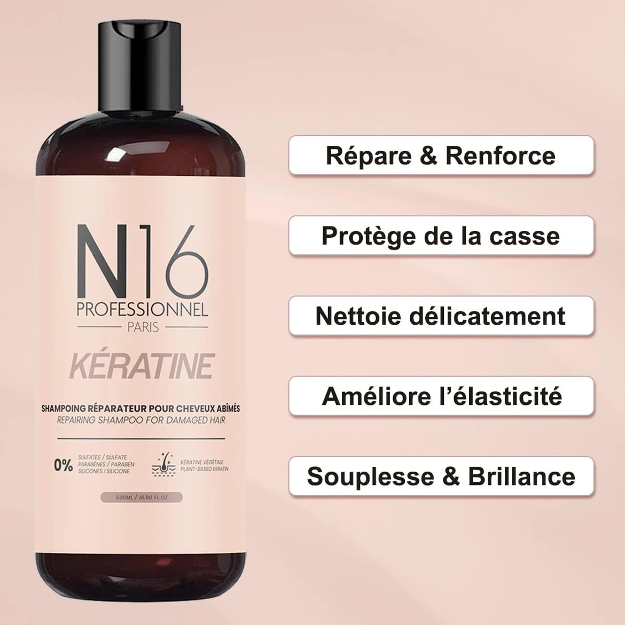 Shampooing Réparateur Kératine Cheveux Abîmés N16 Professionnel 500 Ml 6 Shampooing Réparateur Kératine Cheveux Abîmés N16 Professionnel 500 Ml – Image 4