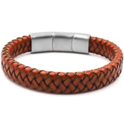 Bracelet "Solar" Acier - Simili Cuir Tressé Orange