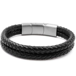 Bracelet "Shadow" Acier Simili Cuir Tressé Noir