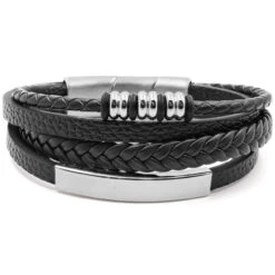 Bracelet "Steel" Acier Simili Cuir 3 Rangs + Plaque Acier